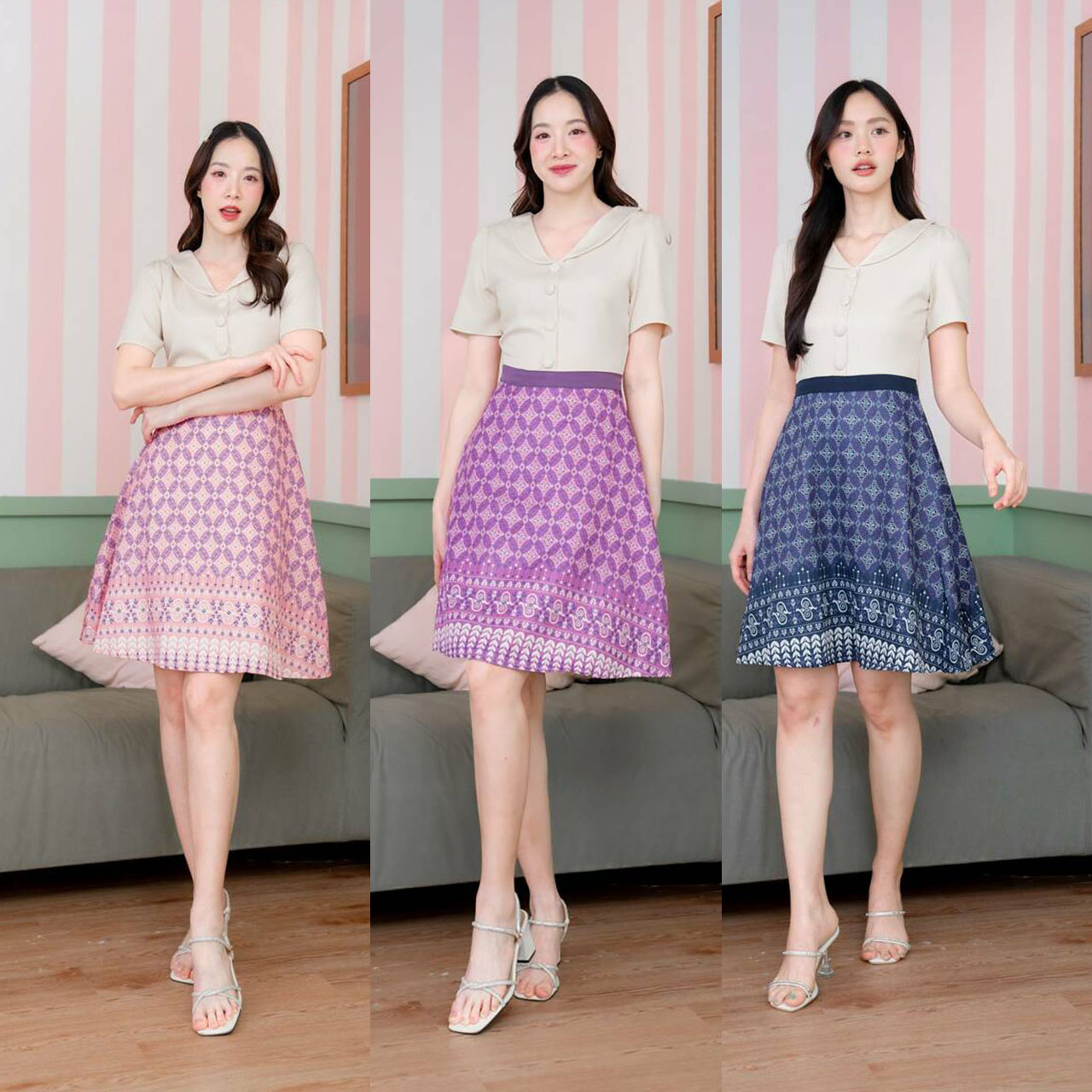 kudapy เดรสสั้นสีกกรม/สีชมพู/สีม่วง เสื้อสีพื้นกระโปรงลายไทย ใส่ออกงาน ใส่ทำงาน สวยดูดเรียบร้อย