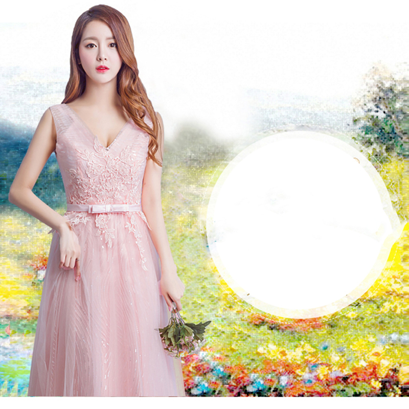 kudapy ชุดราตรียาวสีชมพู/เทา แขนกุด แต่งลายลูกไม้ ผ้าตาข่าย ข้างในปักเลื่อมสวย