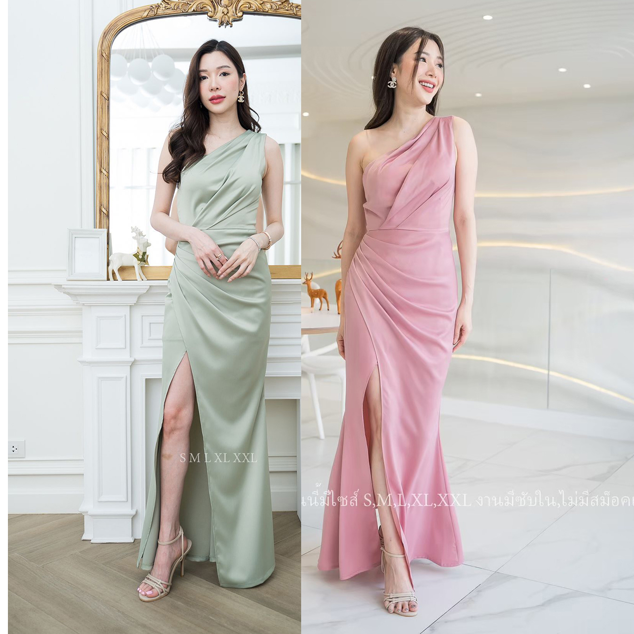 kudapy เดรสยาวสีชมพู/สีชาเขียว ชุดราตรีไหล่เบี่ยงจับจีบข้างทรงสวยใส่แล้วเพรียว งานผ้าเครปซาตินเนื้อดี มีซับใน ซิปหลัง