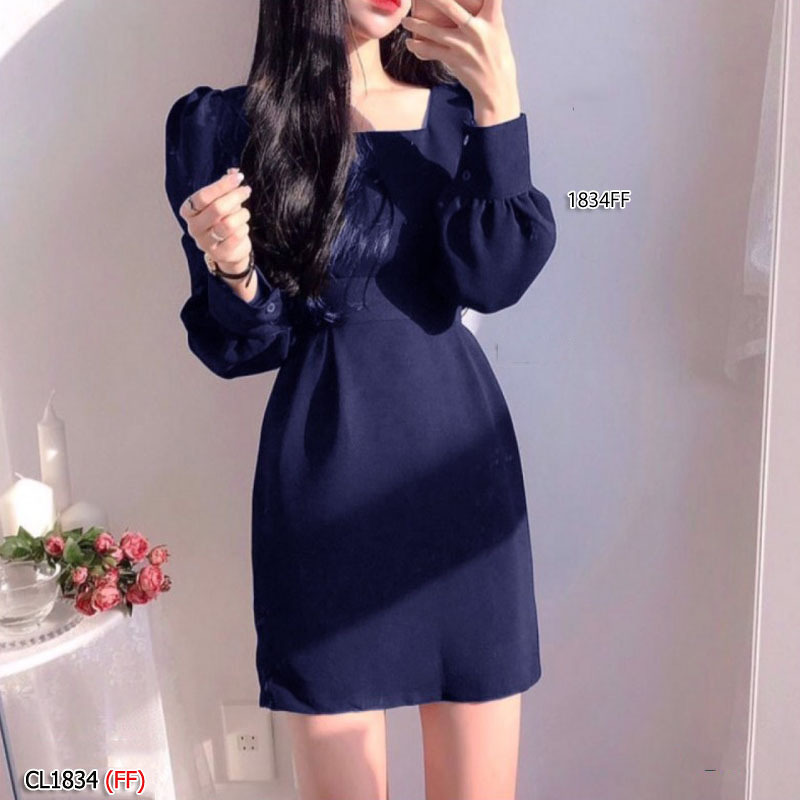 kudapy เดรสสั้น แขนยาว คอเหลี่ยม งานผ้าซาร่าอย่างดี มีซิปซ่อนหลัง เอวไม่สม็อค