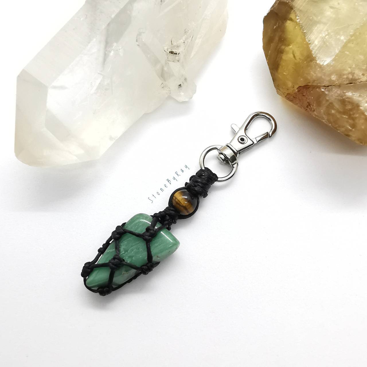 พวงกุญแจหินกรีนเพรสแจสเปอร์กับหินตาเสือ Green Prase Jasper+Tiger eye