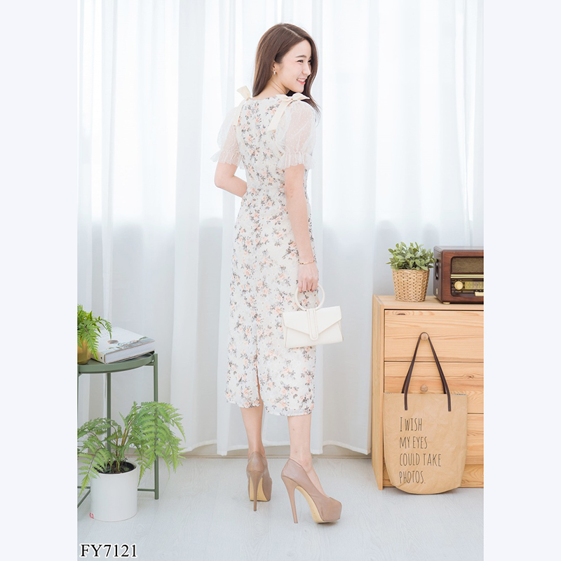 kudapy เดรสยาวสีครีม/ฟ้า/ชมพู ลายดอกแขนบาร์บี้ ผ้าใส่สบายสวยดูดีน่ารัก