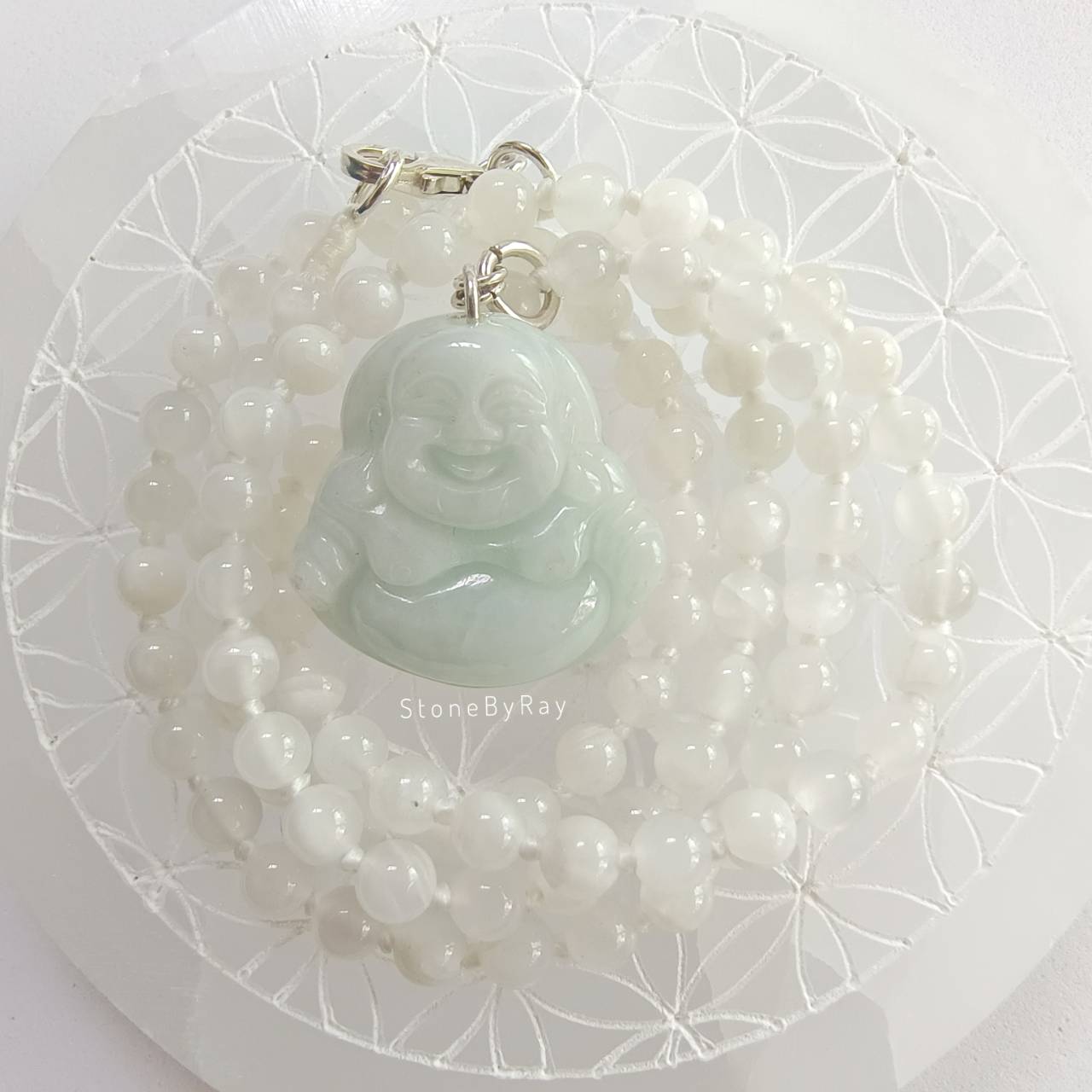 สร้อยคอหินมูนสโตน+จี้พระสังกัจจายหยก