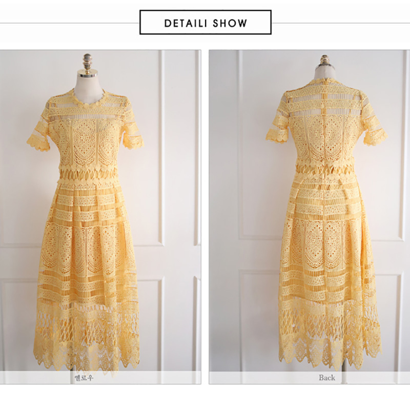 kudapy เดรสยาวสีเหลือง ผ้าลูกไม้แบบถักโครเชต์ คอกลม แขนสั้น กระโปรงทรงเอยาว