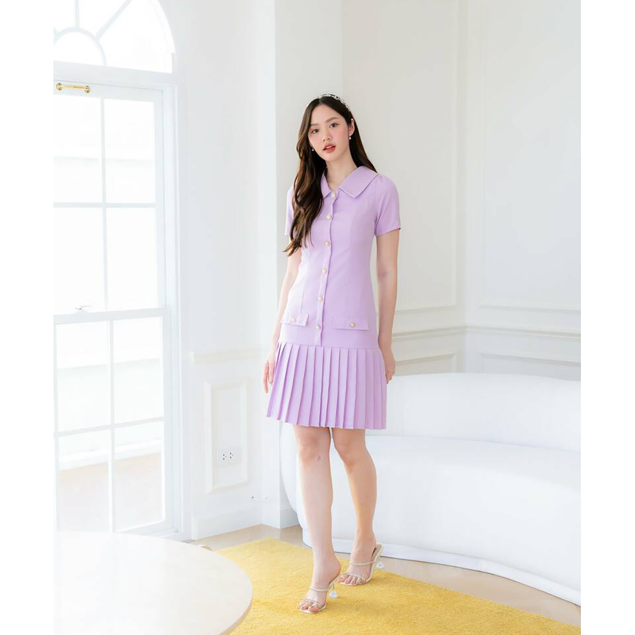 kudapy เเดรสสั้นสีชมพู/สีม่วง/สีฟ้า เดรสคอปกกระดุมมุกกระโปรงพลีท