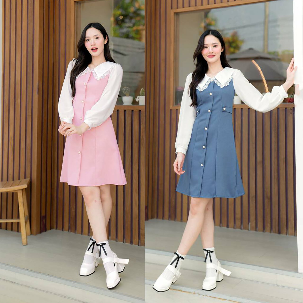 kudapy เดรสสั้นสีชมพู/สีน้ำเงินคราม คอปกผ้าพื้นแขนยาว