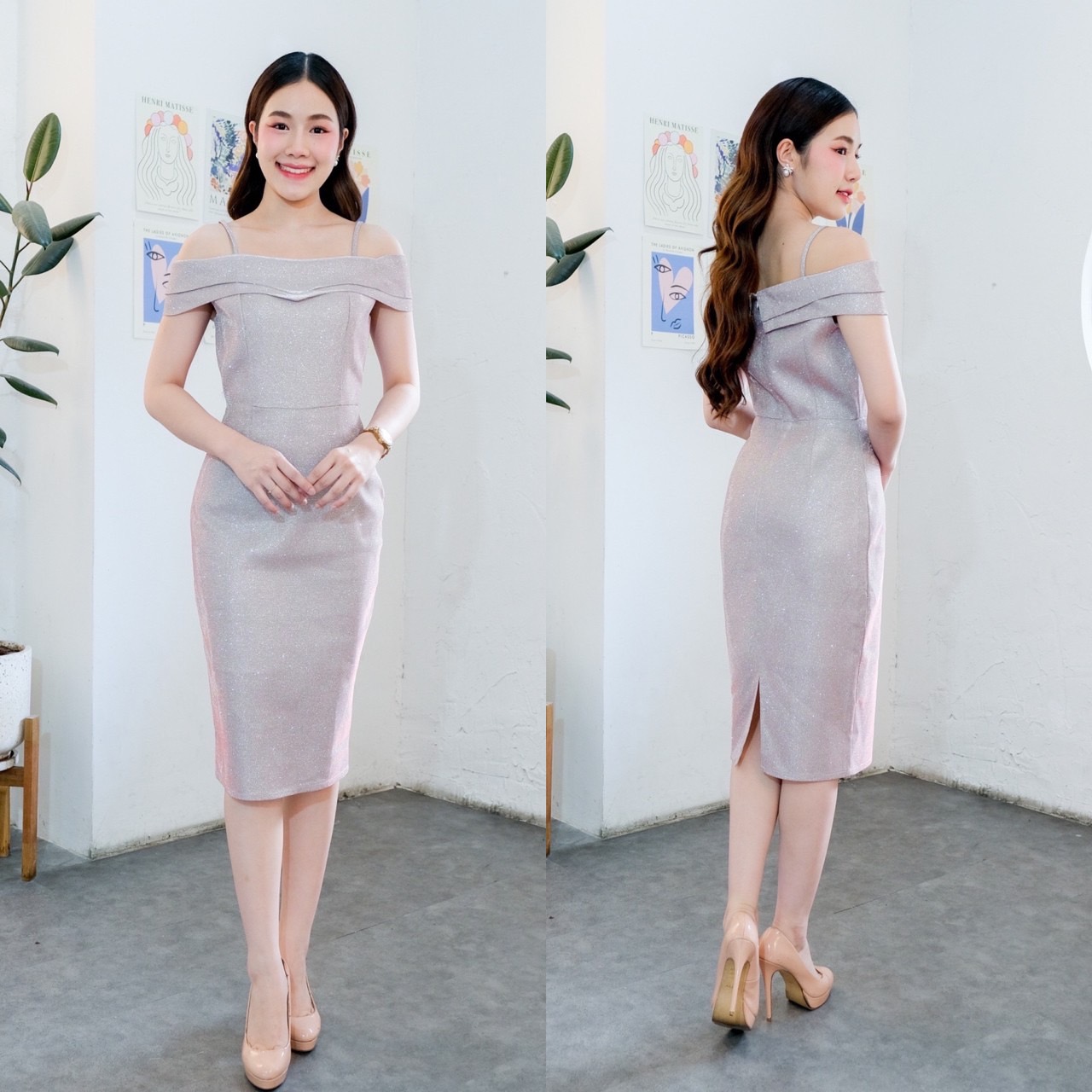 kudapy เดรสสั้นสีม่วง/สีชมพู/สีทอง ผ้ากลิตเตอร์ สายเดี่ยว ปิดแขน ทรงเข้ารูป ผ่าหลัง เดินสะดวก ใส่ออกงานสวยดูดี