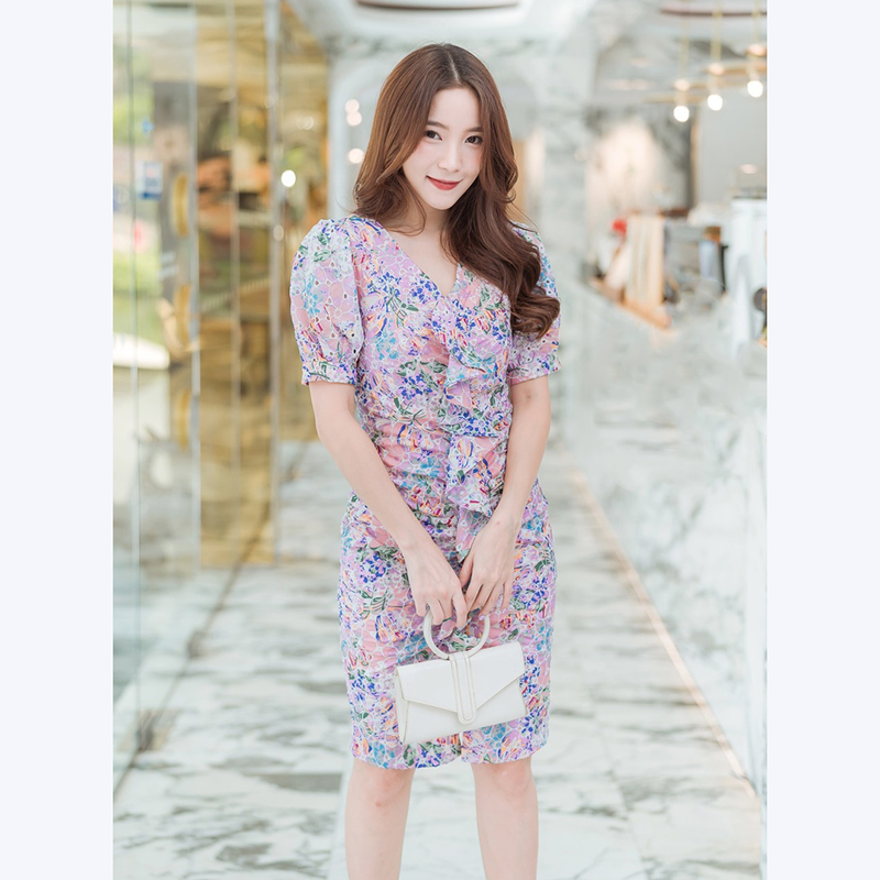 kudapy เดรสสั้นสีชมพู,ขาว ลายดอกไม้ใส่ดูสวย