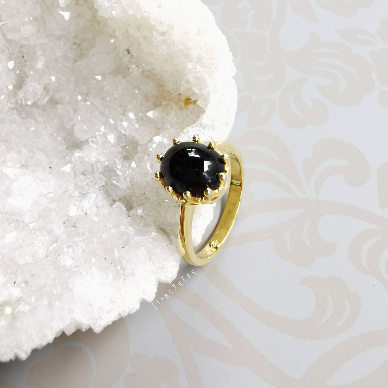 แหวนเงินชุบทอง+หินสะเก็ดดาว Tektite