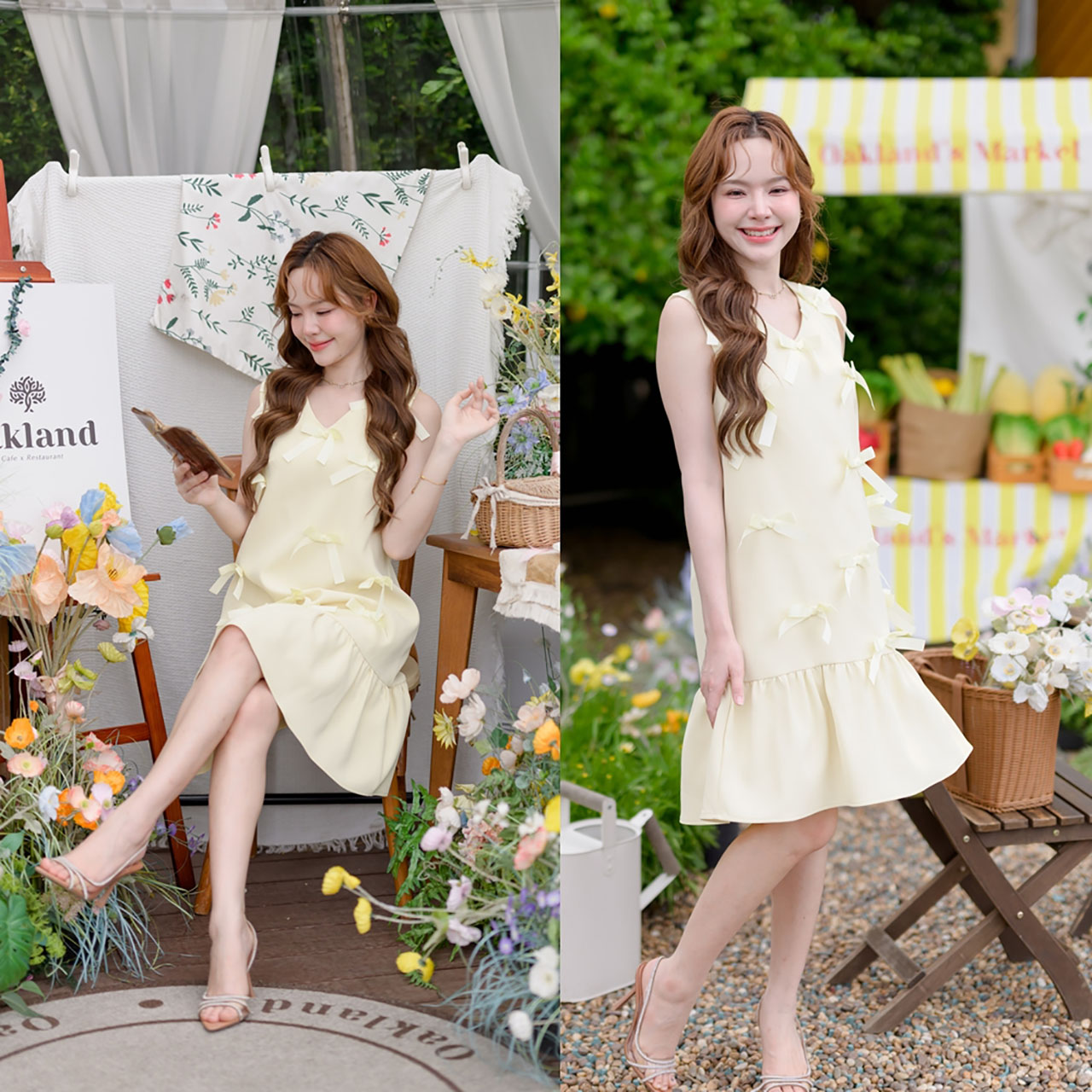 kudapy เดรสสั้นสีเหลือง/สีเขียวมิ้นท์/สีชมพู เดรสชายกระโปรงจับจีบเป็นระบายรอบตัว แขนกูด ตัวเดรสแต่งโปว์สวยดูดี