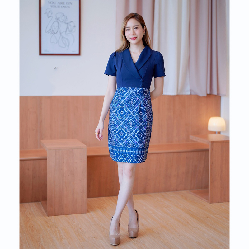 kudapy เดรสสั้นสีเหลือง/สีม่วง/สีกรม ปกสูทลายไทยสวยดูดีน่ารัก