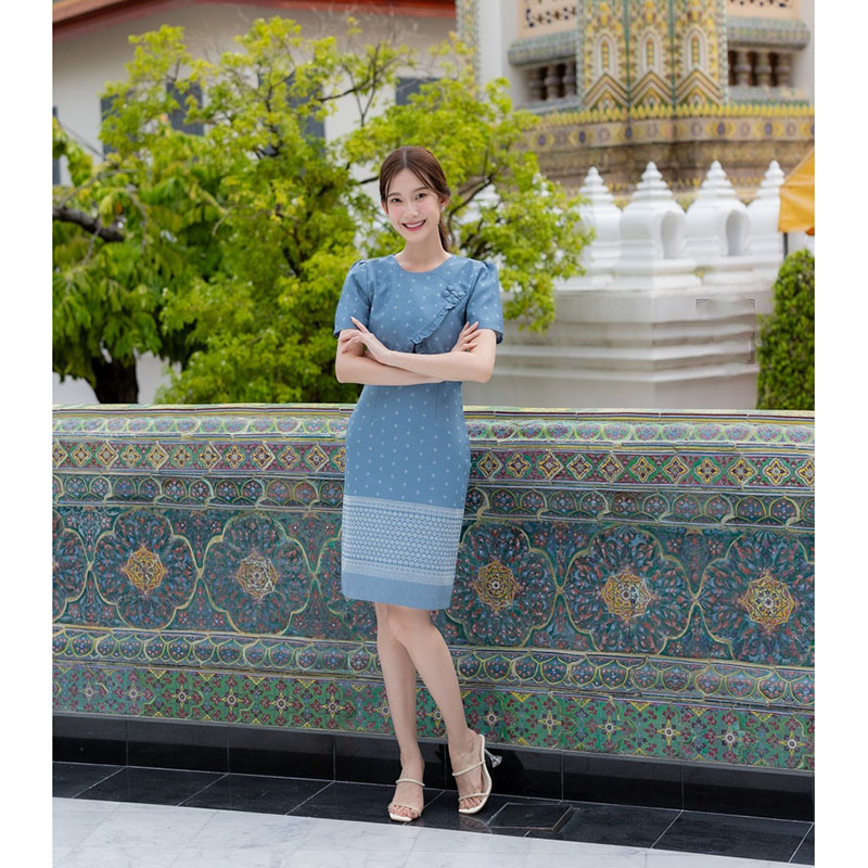 kudapy เดรสสั้นสีฟ้า ผ้าไทยวันแม่เข้ารูป ใส่ออกงาน ใส่ทำงานสวยดูดี