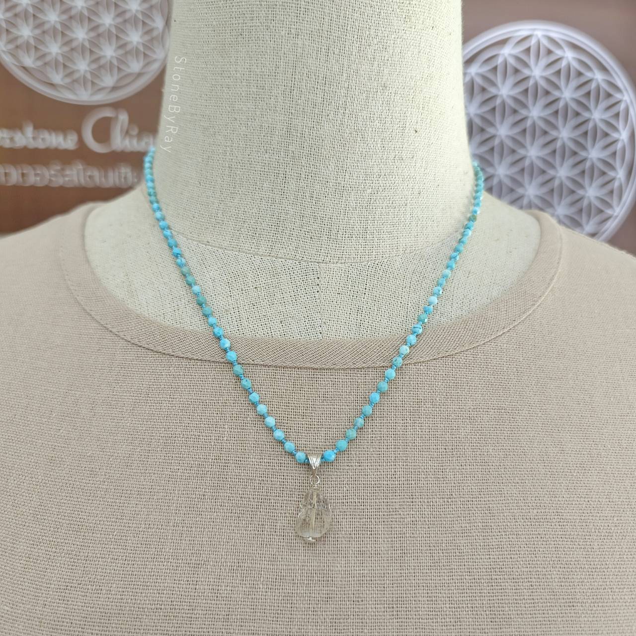 สร้อยคอเชือกถักหินเทอร์ควอยส์กับจี้คริสตัลเฮอร์คิเมอร์ Turquoise+Herkimer Diamond