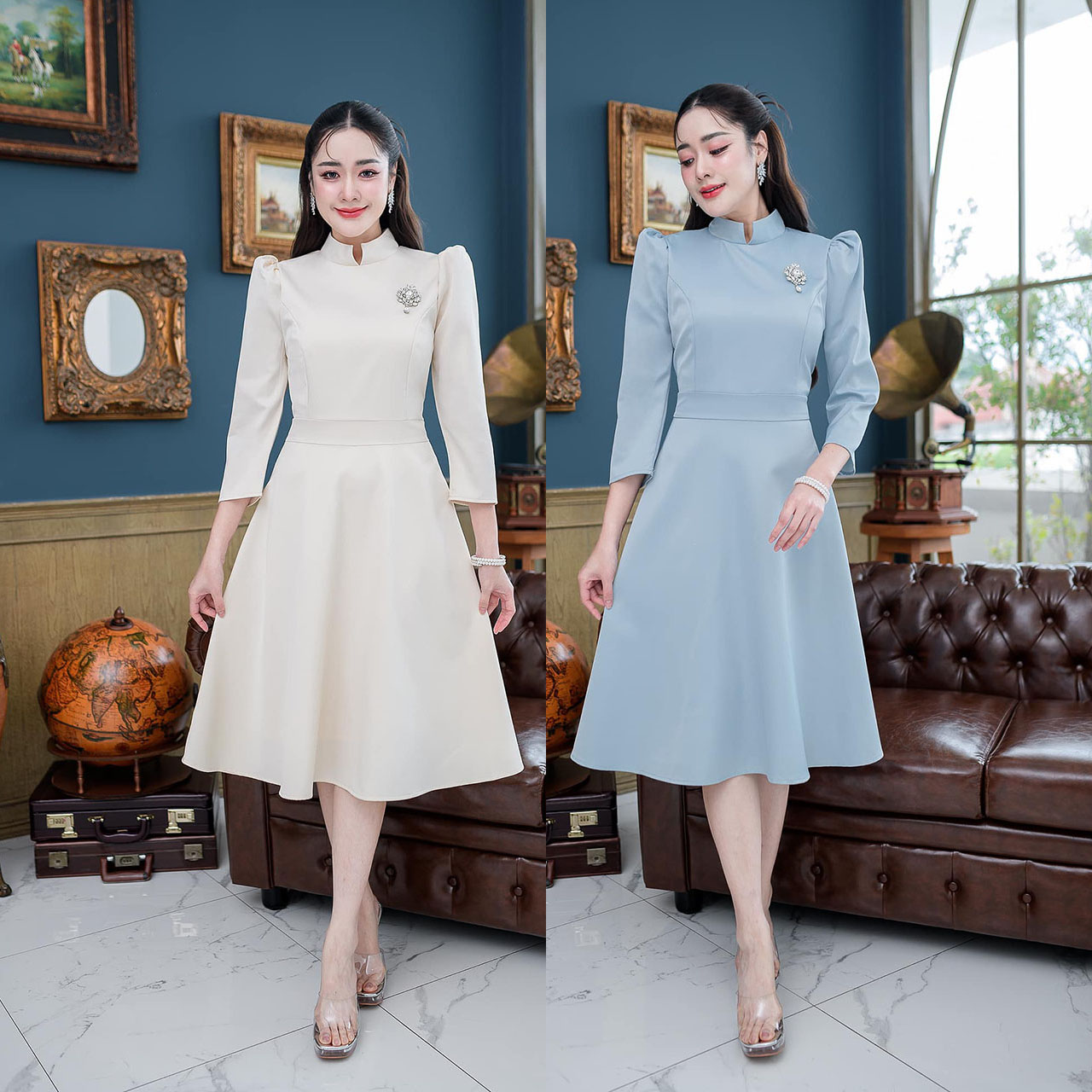 kudapy เดรสสั้นสีขาวงาช้าง/สีฟ้า ชุดไทยจิตรลดา ทรงแขนห้าส่วน ผ้าอัดกาวให้แล้วทั้งชุด เนื้อผ้านิ่มใส่สบาย เดรสความยาวคลุมเข่าใส่สวยสุภาพ