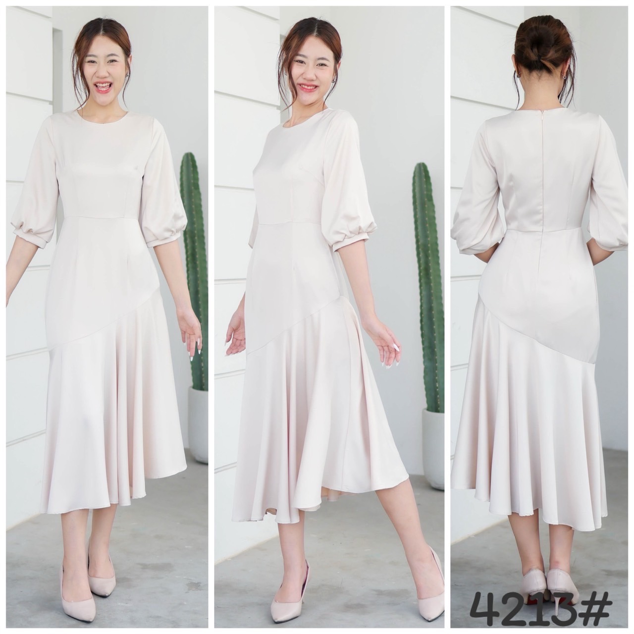 kudapy Midi dress ทรงคอกลม แขนพอง เอวสูง กระโปรงทรงเอ ปลายจับเดรปเฉียงข้าง ใส่พริ้วสวย