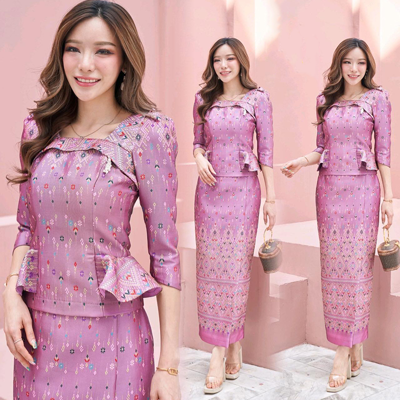 kudapy เซ็ทผ้าซิ่นลายกาฬสินธ์สีชมพู+ผ้าถุงลายแพรวากาฬสินธุ์