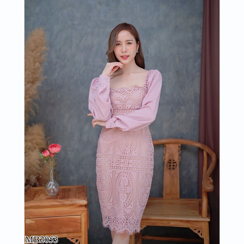 kudapy เดรสสั้นคอลึกสีชมพู/สีขาว เดรสลูกไม้แขนยาว ใส่ออกงานสวยดูดี