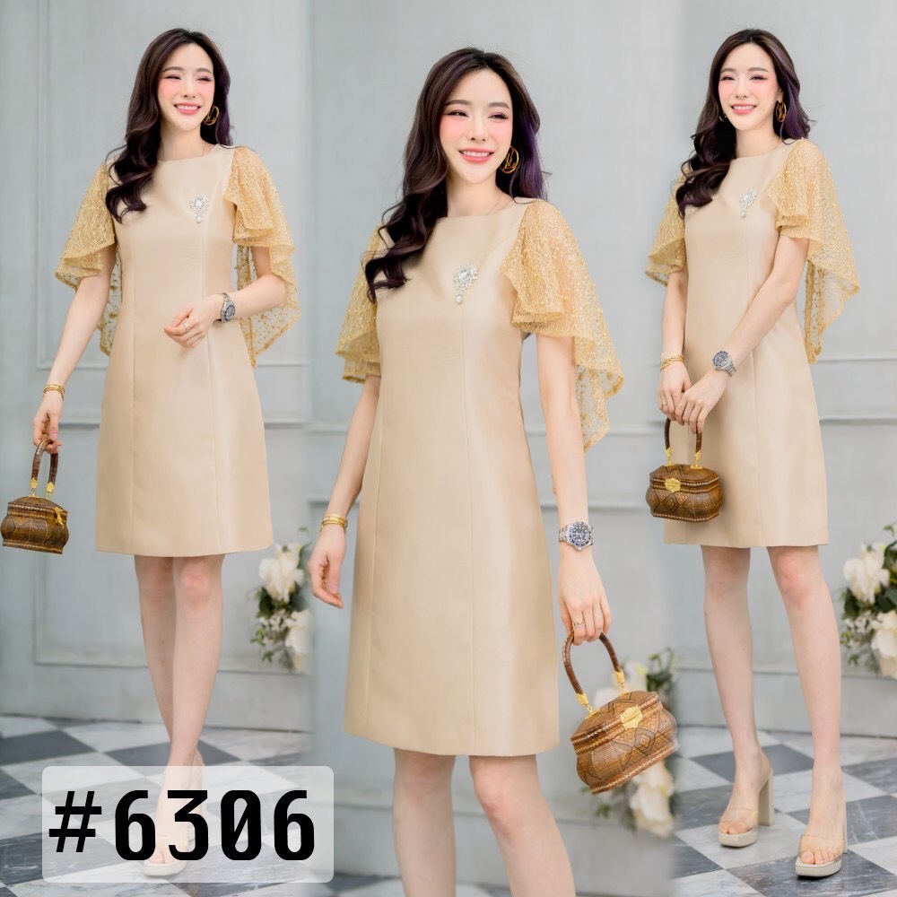 kudapy เดรสสั้นผ้าลูกไม้สีชมพู/สีทอ ปีกค้างคาวแต่งระบาย มีซับใน ชิปซ่อนหลัง