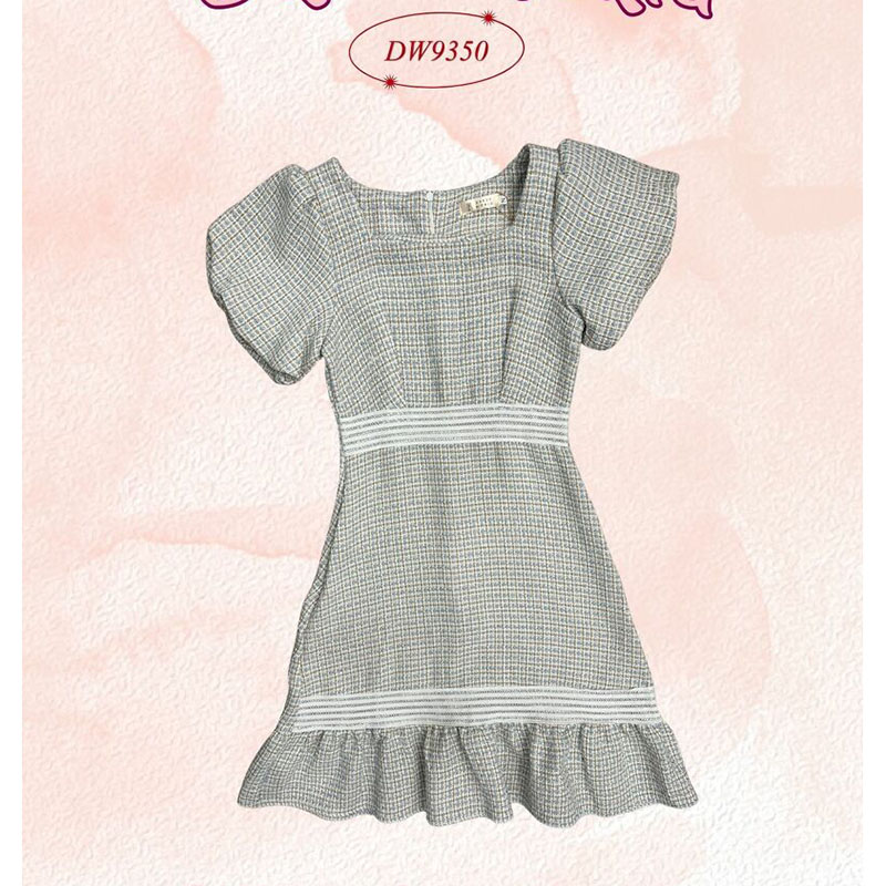 kudapy เดรสสั้นสีฟ้า/สีชมพู/สีดำ ผ้าทวิตแต่งแถบคาดขาว แขนสั้น มีซิปหลัง ใส่สบายสวยดูดี ใส่ทำงาน