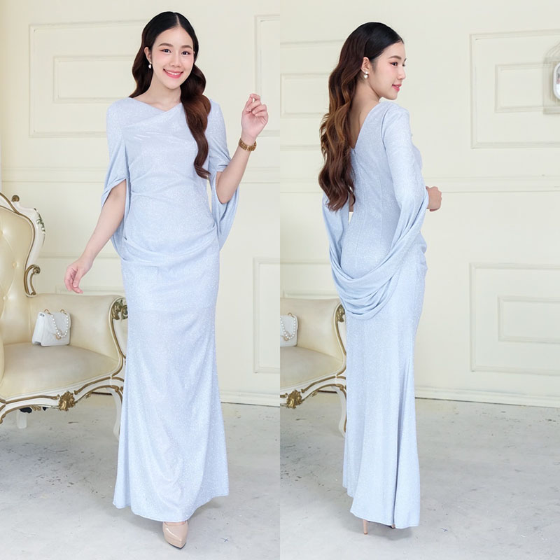 kudapy เดรสยาวสีชมพู/สีเงิน/สีทอง/สีดำ/สีม่วงแดง/สีนำ้เงิน แขนถ่วง คอปาด ใส่เปิดบ่าได้ ทรงเข้ารูป ผ่าหลัง รุ่นนี้หรูหรามา