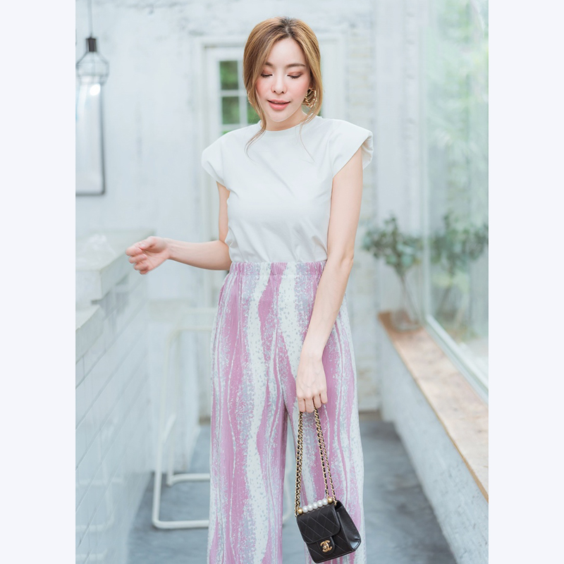 kudapy เซทเสื้อ+กางเกงอัดพีชลายคลื่นสีเขียว,ดำ,ฟ้า,ชมพู สวยดูดีใส่สบายน่ารัก