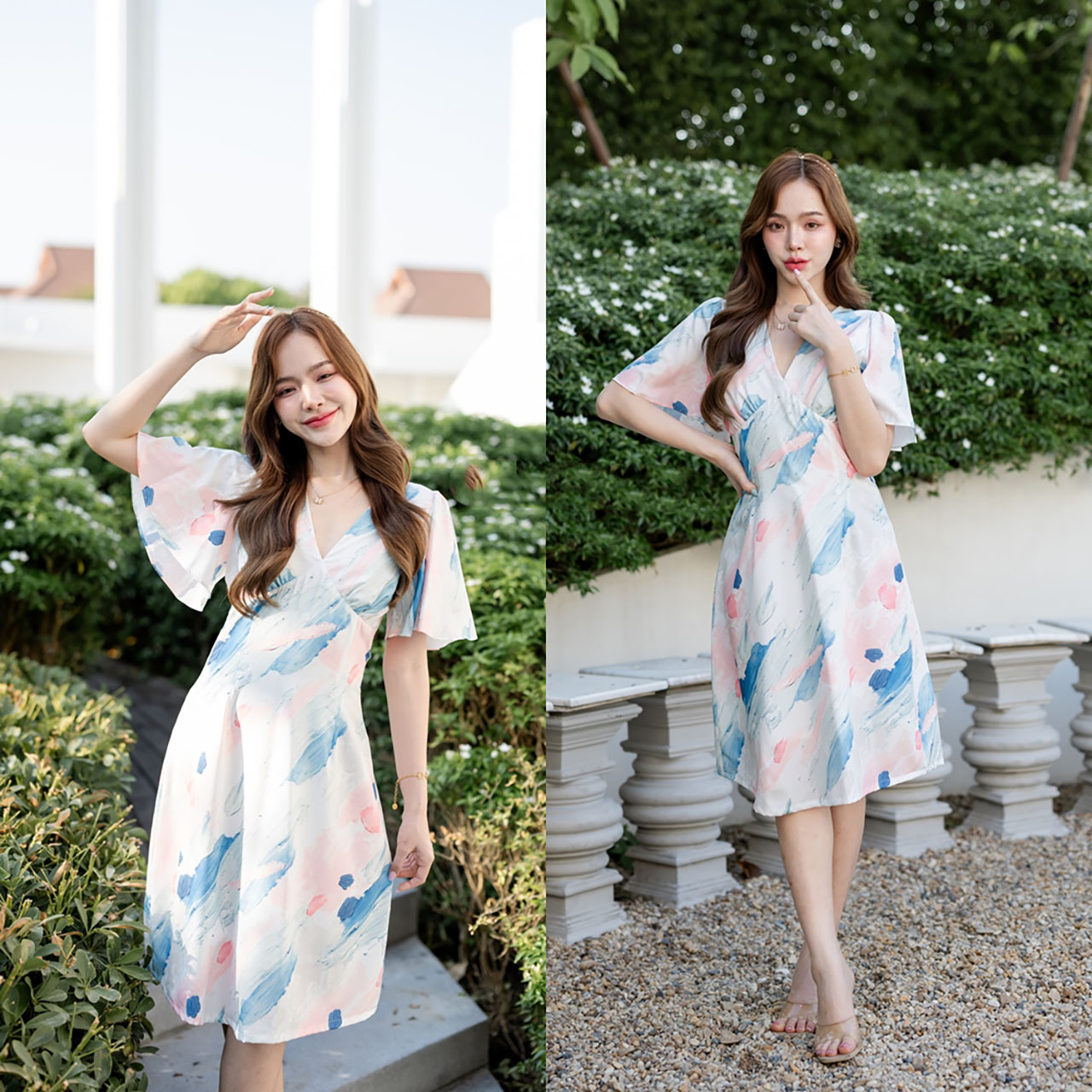 kudapy เดรสสั้นสีเอิร์ธโทน/สีพาสเทล/สีโทนฟ้า/สีโทนสีโอรส ตัวเสื้อเป็นคอวีจับจีบเดรปที่อก ต่อลงมาเป็นกระโปรงทรงเอบาน แขนเสื้อเป็นทรง Bell