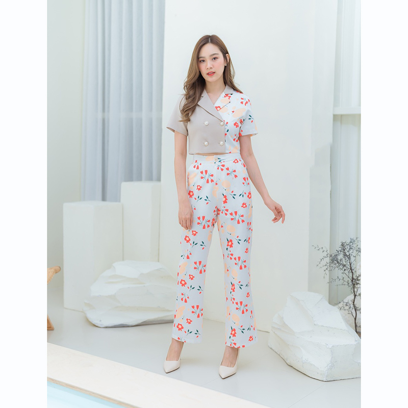 kudapy ชุดเซทเสื้อคอปกกระดูมหน้า+กางเกงขายาวลายดอกไม้สวยดูดีน่ารัก