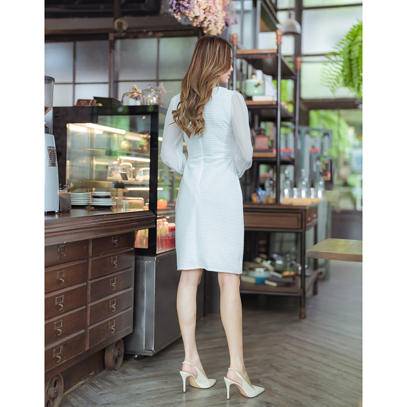 kudapy เดรสสั้นสีขาว/สีดำ/สีชมพู คอปกแขนยาวแต่งกระดุม