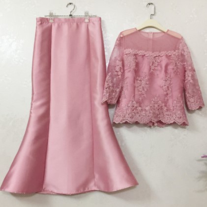kudapy เซทแยกชิ้นสีชมพู ลูกไม้เสื้อ+กระโปรงยาวหางปลา เสื้อลูกไม้แขนสี่ส่วน มีผ้าคาดเอวแถมฟรีค่ะ
