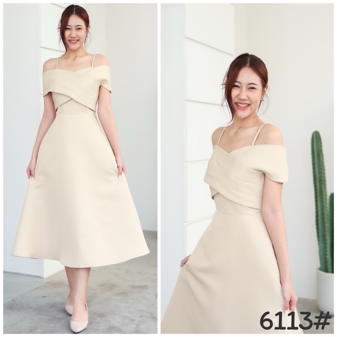 kudapy Midi dress เปิดบ่า ไขว้อก พรางแขนไหล่ตก แต่ไม่ต้องกลัวหลุด ผ้าเก็บทรง กระโปรงบานยาว
