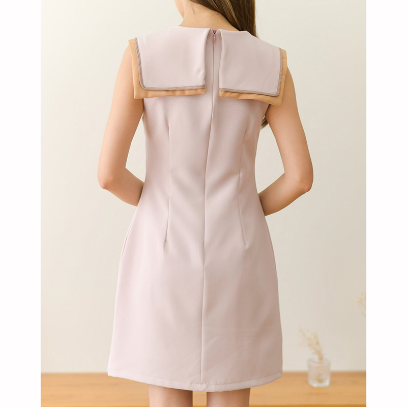 kudapy เดรสสั้นสีชมพูอ่อน/สีครีม แขนกุด คอปกกะลาสี เล่นขอบสี 2 ชั้นเก๋ๆไม่ซ้ำใคร มีกระเป๋าใส่ของได้จริง กุ๊นขอบกระเป๋าเพิ่มกิมมิคเลเยอร์