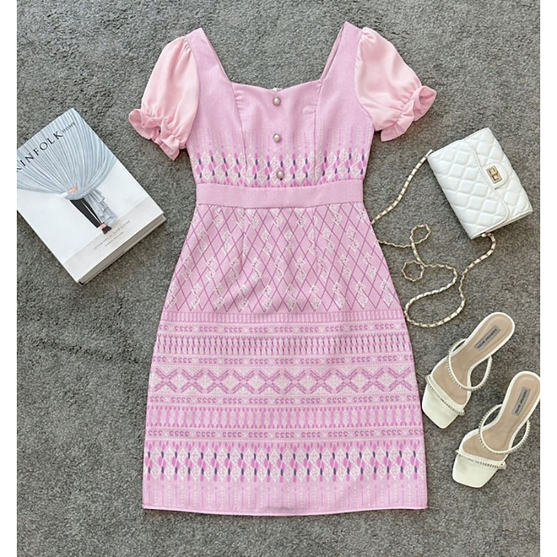 kudapy เดรสสั้นสีชมพู/สีกรม/สีฟ้า ผ้าลายไทยทรงเอแขนตุ๊กตา แต่งกระดุมหน้า ใส่สบาย สวยดูดี