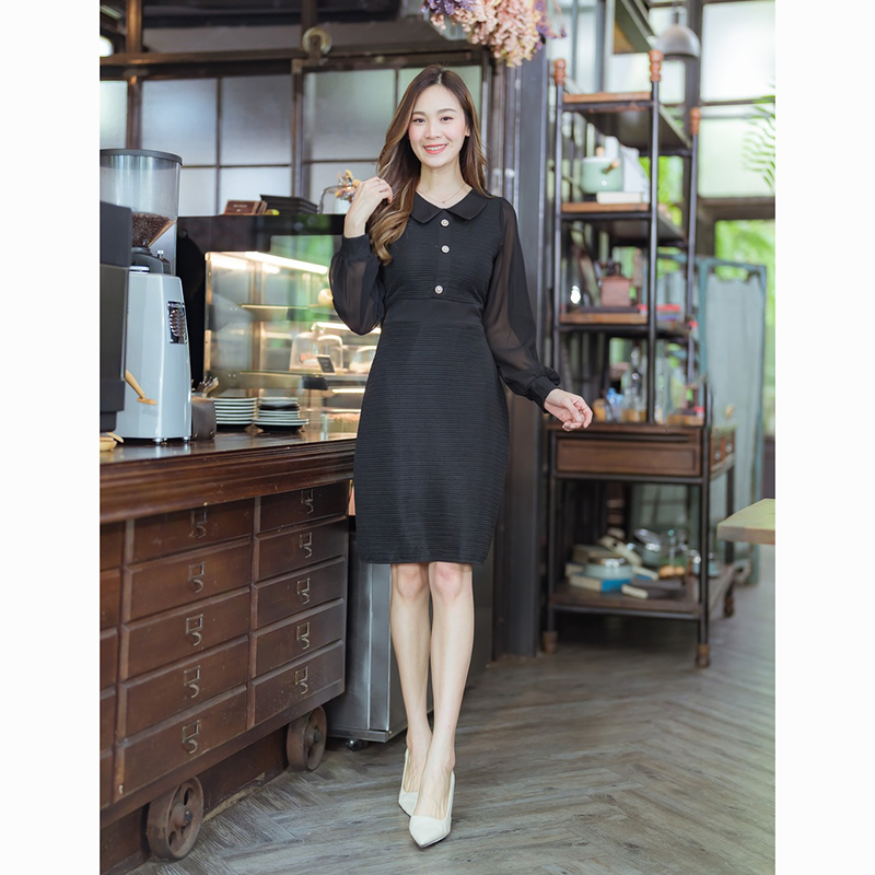 kudapy เดรสสั้นสีขาว/สีดำ/สีชมพู คอปกแขนยาวแต่งกระดุม