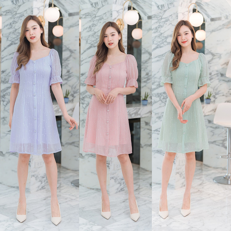 kudapy เดรสสั้นสีชมพู/สีเขียว/สีม่วง แขนจั้มกระดุมหน้า