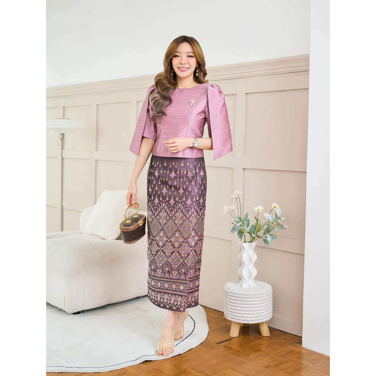 kudapy ชุดเซ็ท เสื้อผ้าไหมแพรทิพย์พรีเมี่ยมอัดกาวอย่างดี+ผ้าถุงตัดสำเร็จรูปทอลายอัดกาว