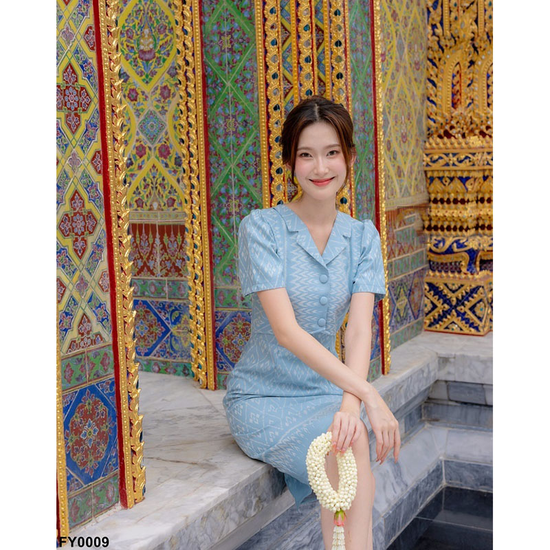 kudapy เดรสสั้นสีฟ้า/สีโอรส ผ้าทอแต่งปกเทเลอร์ ลายผ้าไทย ใส่ออกงาน ใส่ทำงานสวยดูดี
