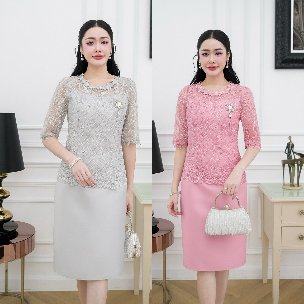 kudapy เดรสผ้าไหมทรงเรียบ ด้านบนเป็นงานผ้าลูกไม้ใยบวบแขนสามส่วนแต่งปลายแขนด้วยลูกไม้ทอลาย ช่วงคอแต่งด้วยลูกไม้ดอกไม้รอบคอ