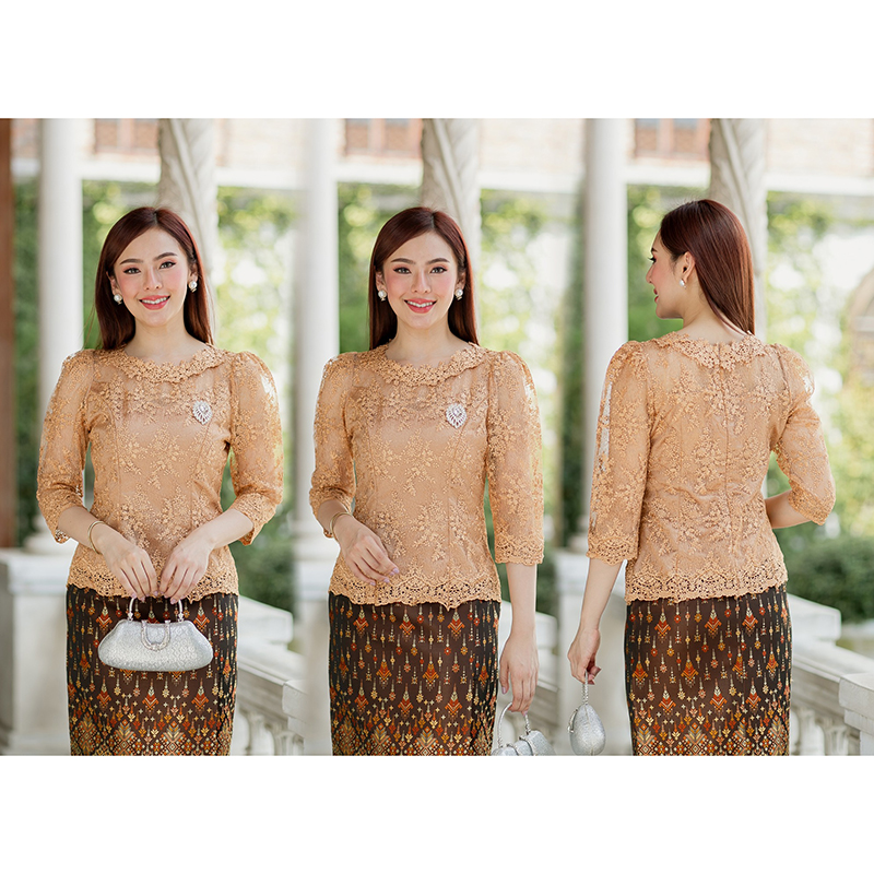 kudapy (เฉพาะเสื้อ) เสื้อลูกไม้สีน้ำเงิน/สีส้มทอง ตัวเสื้อใช้ผ้าลูกไม้ใยบวบเนื้อดีลายลูกไม้แน่นทั้งตัว ตัวเสื้อมาพร้อมซับในเนื้อดีในตัว