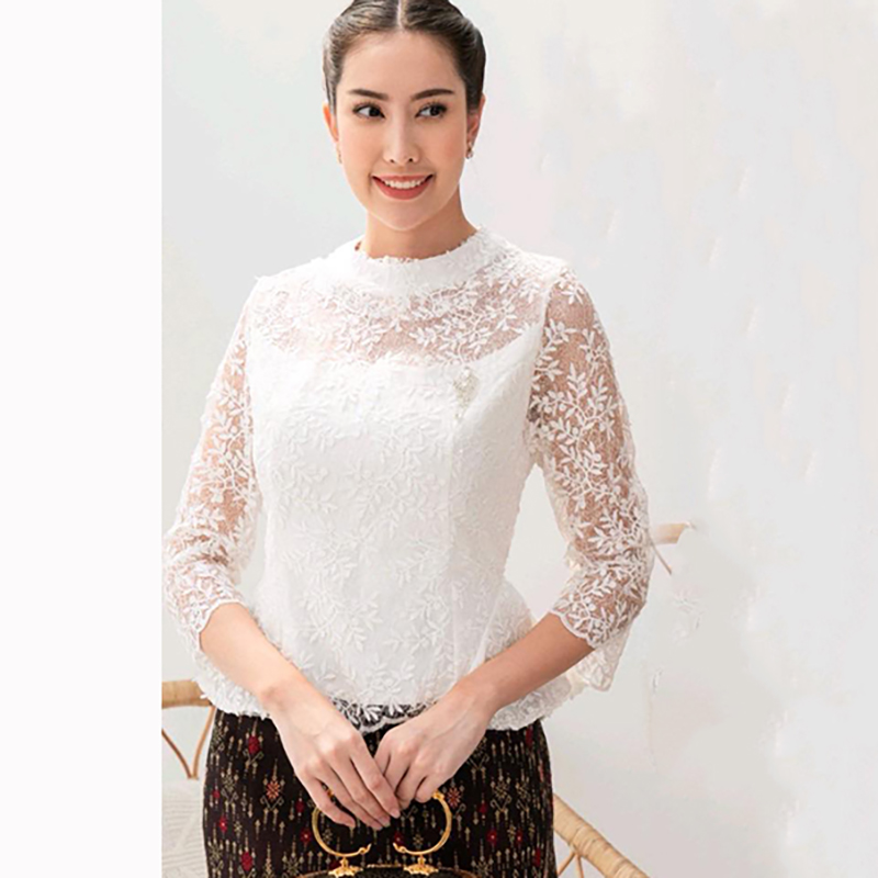 kudapy เสื้อลูกไม้สีชมพู/สีขาว ผ้าไหมแพรวากาฬสินธุ์ตัดสำเร็จ เนื้อผ้างานปักทอลายสวย