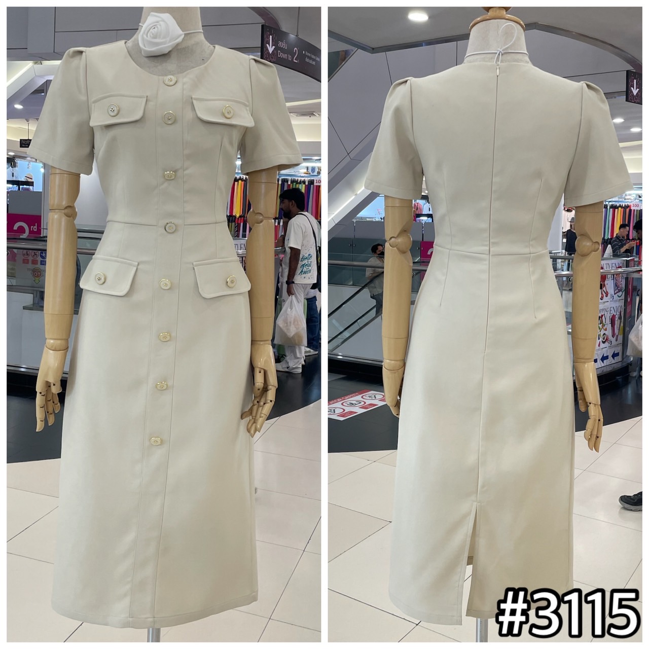 kudapy เดรสสั้นออกงาน เดรสแขนสั้น คอกลม แต่งกระดุมมุกทอง เดรสผ้าวูล ผ้าหนา