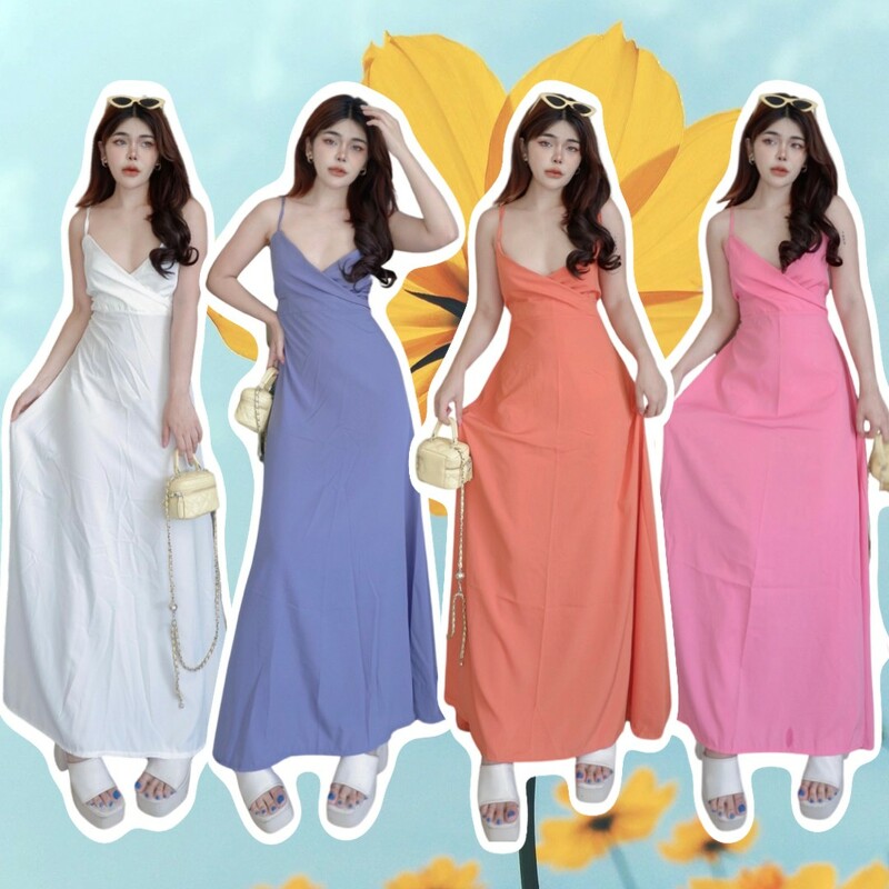 kudapy เดรสยาวสายเดี่ยวผูกโบว์หลัง ผ้าไหมอิตาลี่ สีพื้น กระโปรงทรงบานฟรีไซต์สุดๆ ใส่เที่ยวชิวริมทะเล