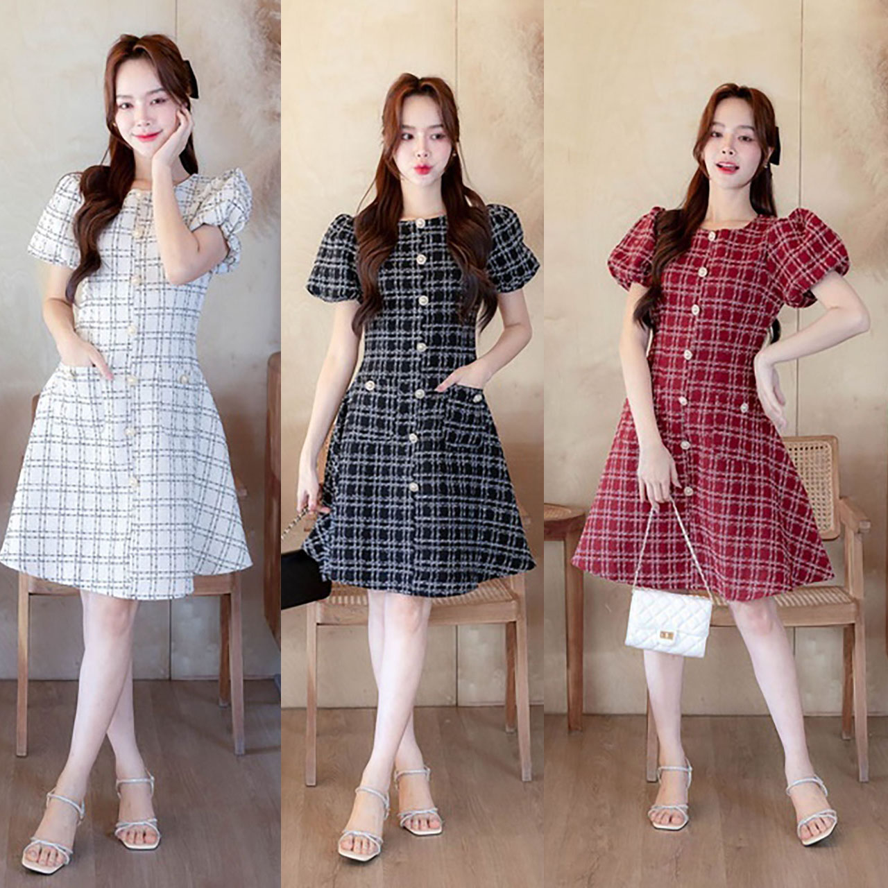 kudapy เดรสสั้นสีแดง/สีขาว/สีดำ ทรงบานแต่งกระดุม9ชิ้น แขนตุ๊กตา