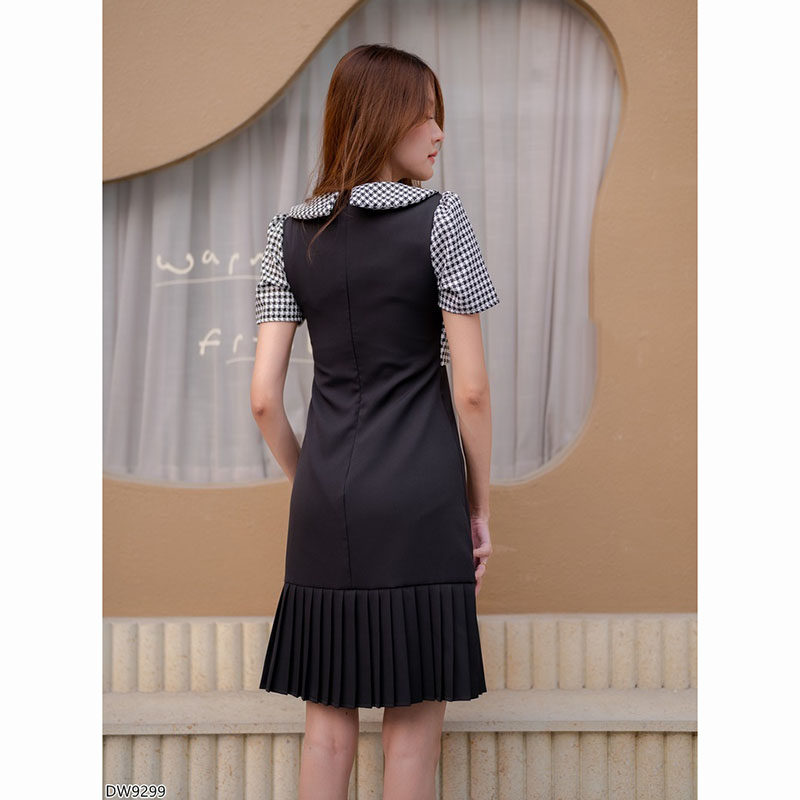 kudapy เดรสสั้นสีชมพู/สีดำ/สีกรม กั๊กโนริกระโปรงจีบระบาย คอบัว แต่งโบว์ตรงหน้าอกสวย ใส่สบาย