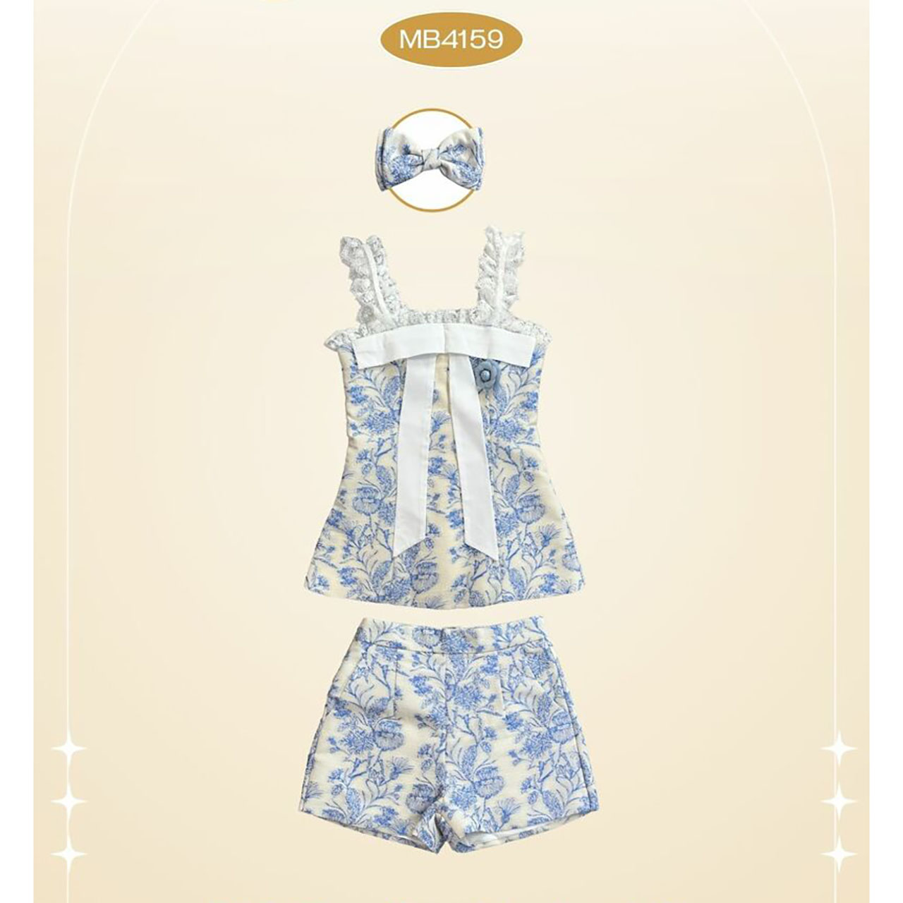 kudapy ชุดเซ็ทขาสั้นสีแดง/สีฟ้า ลายแต่งคาดอกติดดอกไม้ สวยดูดีน่ารัก