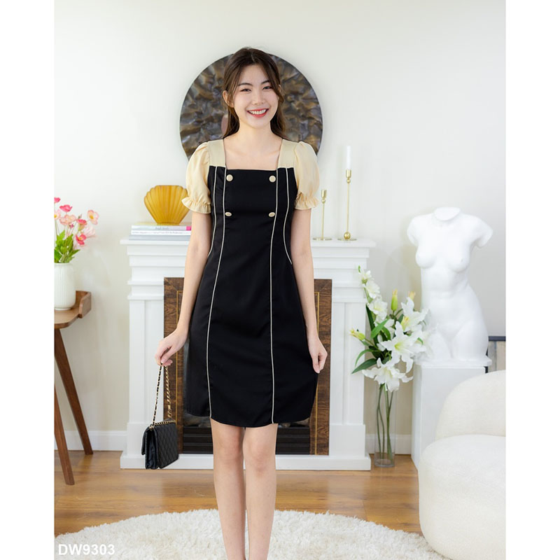 kudapy เดรสสั้นสีดำ/สีชมพู/สีน้ำตาล เข้ารูปกุ๊นเอวแขนครีม แต่งกระดุมหน้า