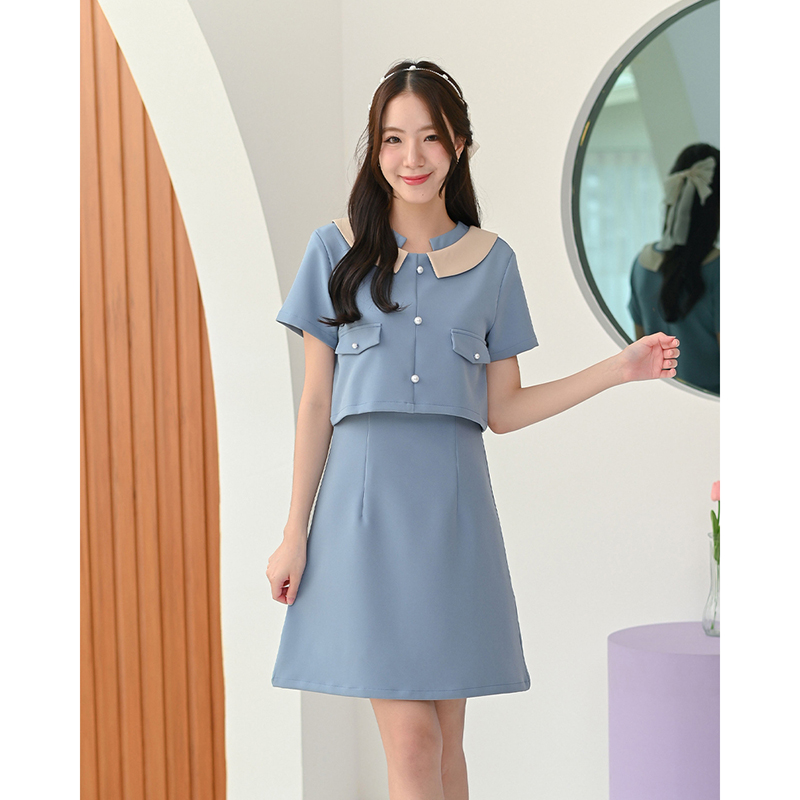 kudapy เดรสสั้นสีมิ้นท์อ่อน/สีฟ้า คอกลมแขนสั้น ตัดต่อเล่นสีคอปก ตัดต่อตัวเหมือนใส่แยกชิ้นทรงสวยเข้าเอว แต่งกระเป๋าหลอก