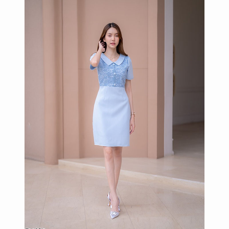 kudapy เดรสสั้นสีชมพู/สีฟ้า ผ้าทออกลูกไม้ ใส่ออกงานสวยดูดี น่ารัก