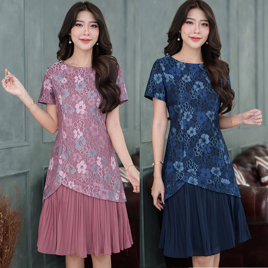 kudapy เดรสสั้นไปงานสีน้ำเงินกรมท่า,สีชมพูม่วง เดรสสั้นทรงระบาย แขนสั้น คอกลม เดรสลูกไม้ลายดอกงานซิบหลัง ผ้าสวยทิ้งตัว