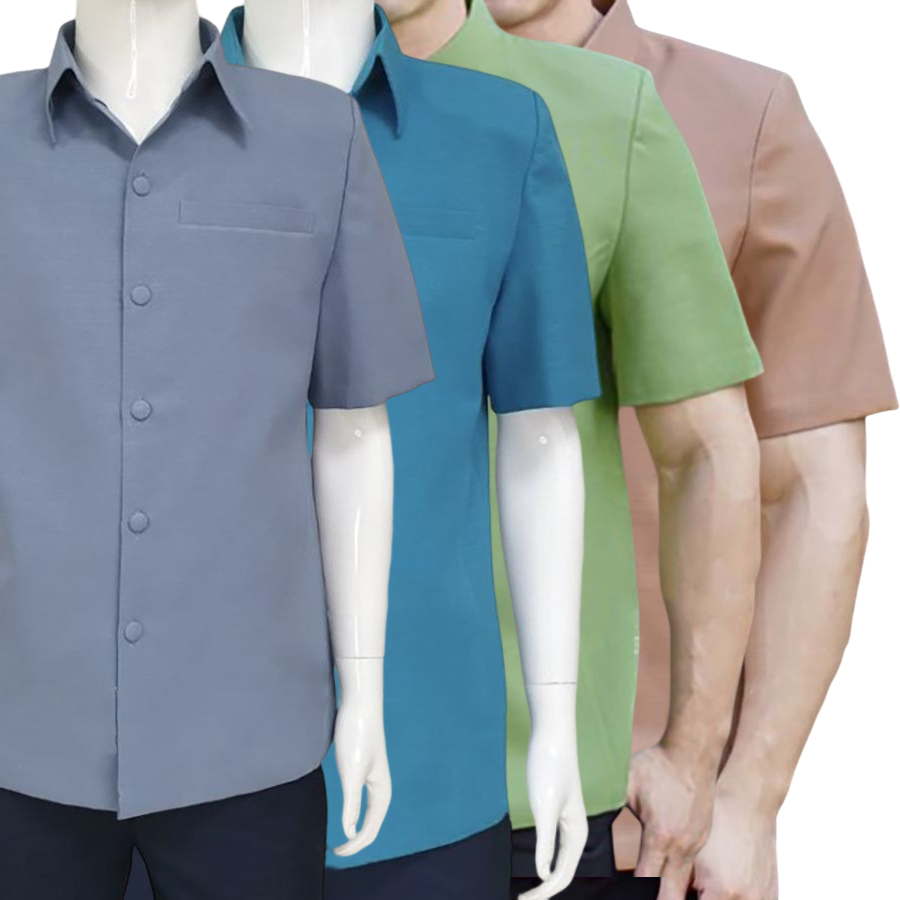 kudapy เสื้อผ้าไหมคอปก สีฟ้าน้ำทะเล,สีน้ำตาล,สีเทา,สีเขียวแก่ เสื้อผ้าไทยผู้ชาย คอพระราชทาน ผ่าหน้า แขนสั้น
