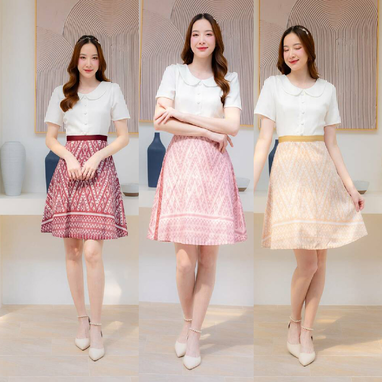 kudapy เดรสั้นสีชมพู/สีแดง/สีน้ำตาล/สีกรม คอปก งานกระดุมหน้า กระโปรงลายไทย งานสวยมากก แต่งขอบเอวใส่แล้วพรางหุ่น